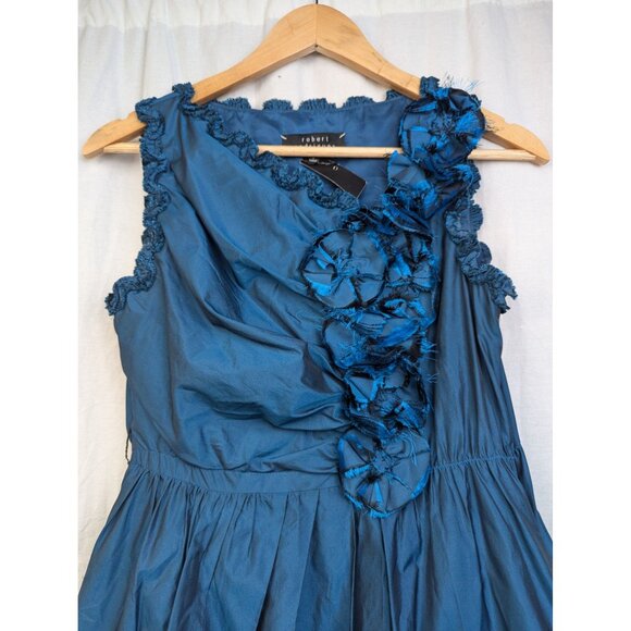 Robert Rodriguez Women's Blue Applique Taffeta Ruffle Trim Christmas Dress Sz 0 - Picture 2 of 6